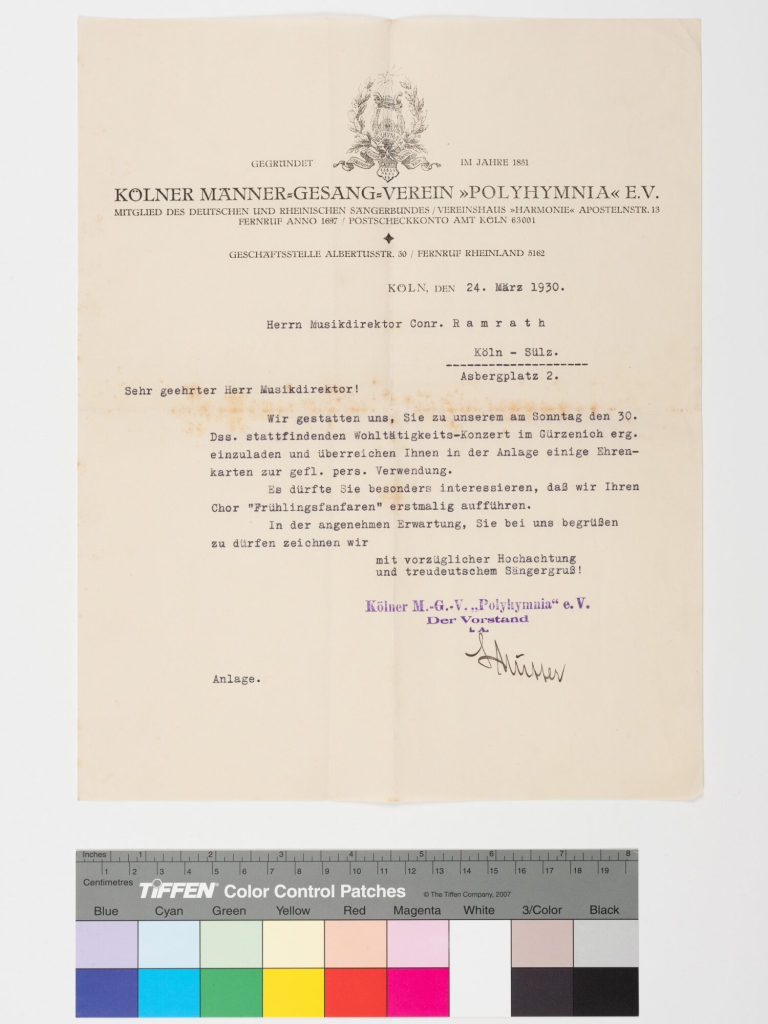 Korrespondenz von Kölner Männergesangsverein Polyhymnia e.V. an Konrad Ramrath