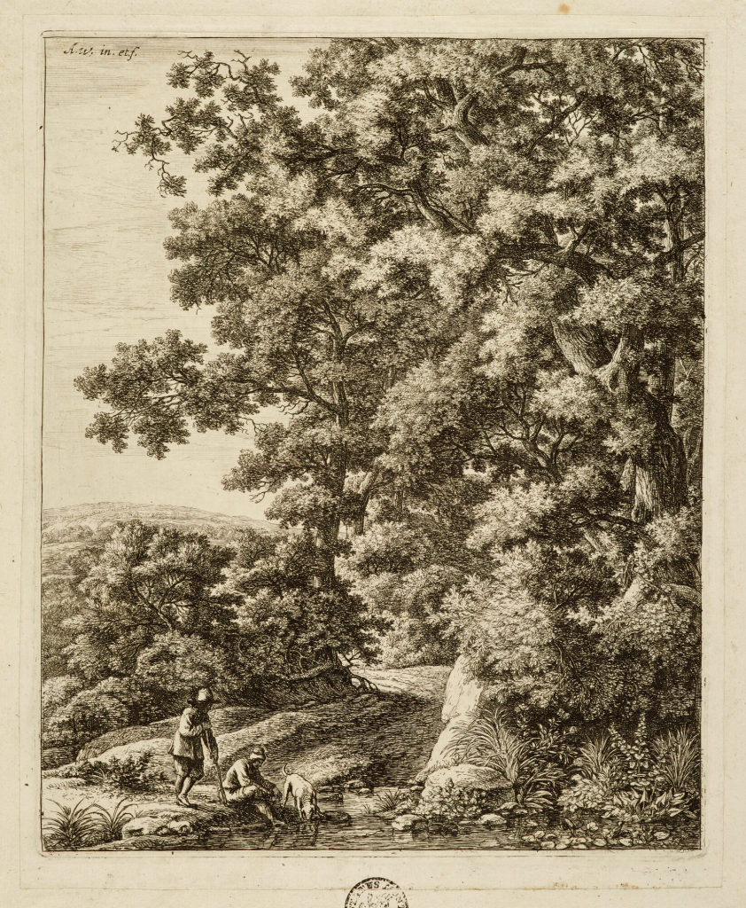 Landschaft mit zwei Männern und einem Hund