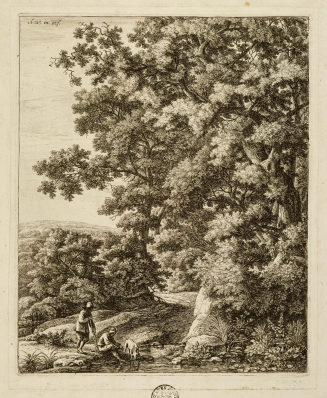Landschaft mit zwei Männern und einem Hund