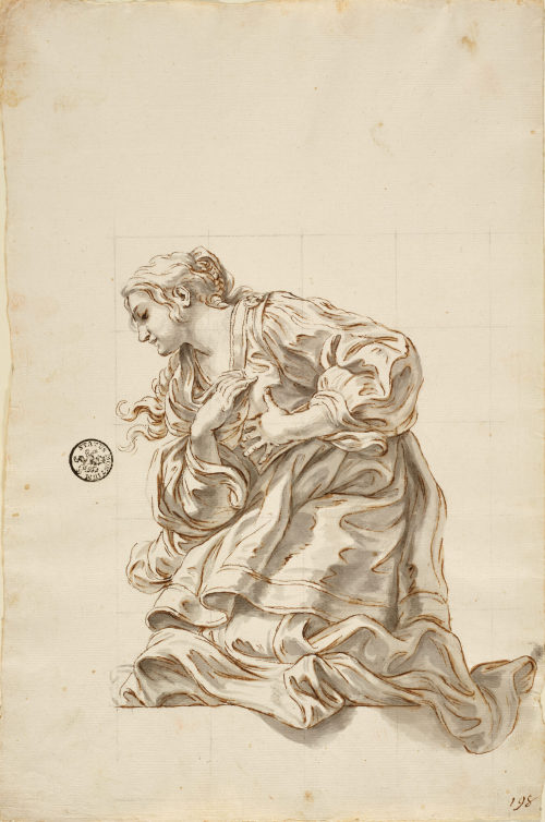 Giovanni Battista Gaulli (Künstler*in), Studie zu einer knienden Frau in "Die Aufnahme der heiligen Agnes in den Himmel", nach 1689