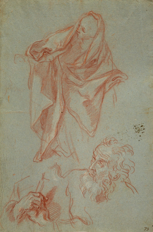 Giuseppe Passeri (Künstler*in), Gewandstudie und Skizze eines alten Mannes, der nach links oben schaut, ca. 1670–1717