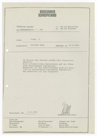 Technische Angaben für die Bauaufsicht und Feuerwehr zum Stück Clara S.