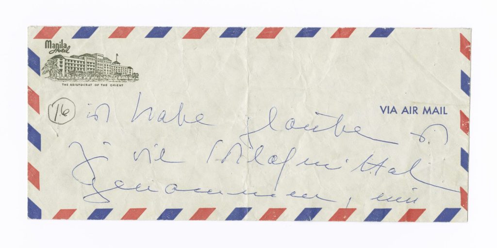 Letzte handschriftliche Notiz von Gustaf Gründgens auf einem Luftpostbriefumschlag des Hotels M ...