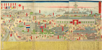 Ansicht von Tokio mit dem Bereich diplomatischer Vertretungen, bezeichnet mit den Fahnen der Länder Großbritannien, Niederlande, Japan, USA, Rußland, Frankreich, Portugal, Schweiz, Preußen, Belgien, Spanien, Schweden, Italien, Österreich und Dänemark. Die Ländernamen in Hiragana-Schrift