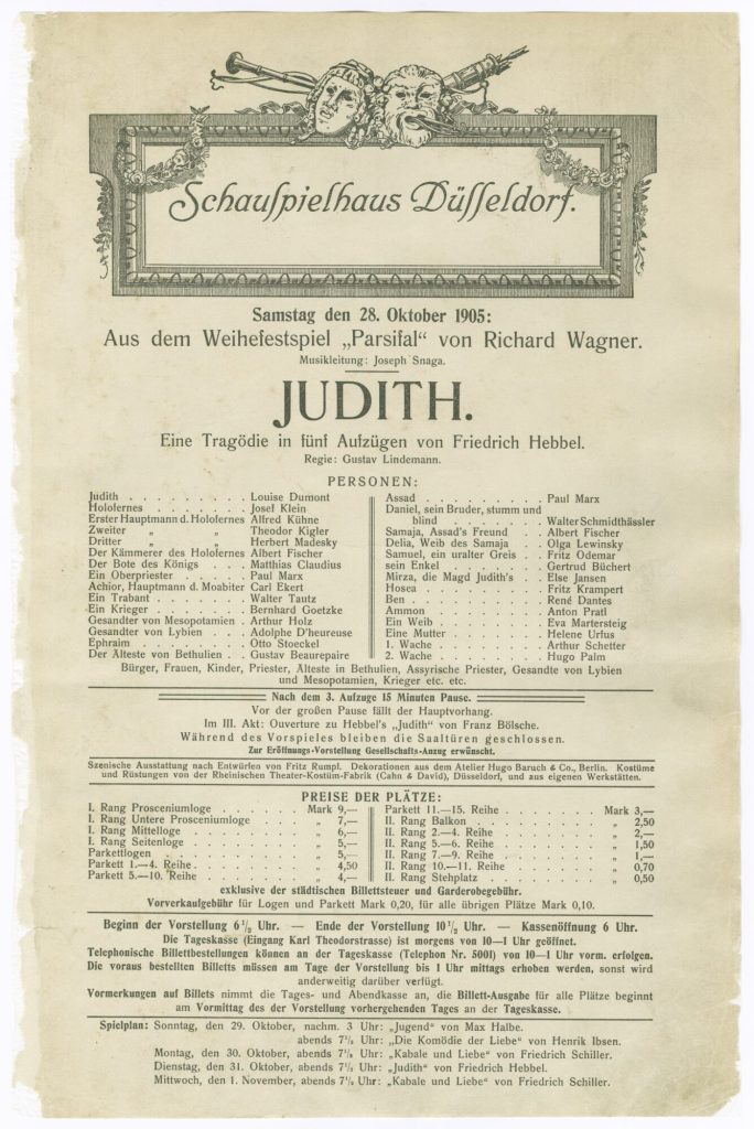 Theaterzettel "Juditg" von Friedrich Hebbel. Premiere am 28.10.1905 im Schauspielhaus Düsseldor ...