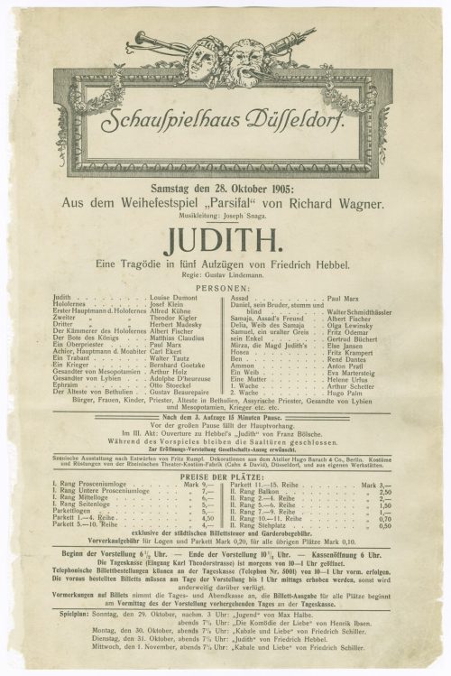Theaterzettel "Juditg" von Friedrich Hebbel. Premiere am 28.10.1905 im Schauspielhaus Düsseldor ...