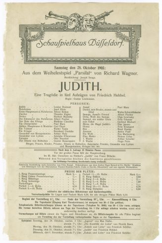 Theaterzettel "Juditg" von Friedrich Hebbel. Premiere am 28.10.1905 im Schauspielhaus Düsseldor ...