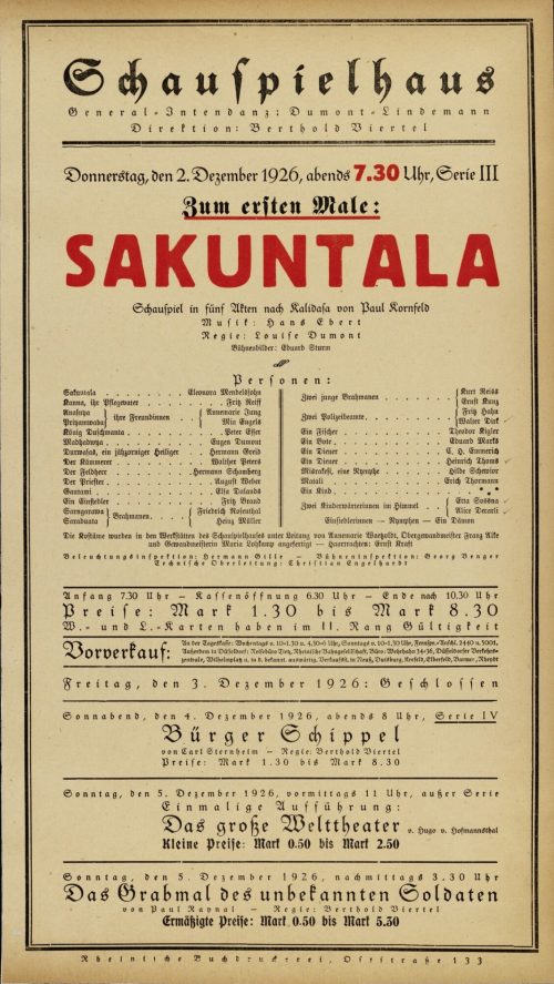Theaterzettel Premie "Sakuntala" von Paul Kornfeld am 2. Dezember 1926 im Schauspielhaus Düssel ...