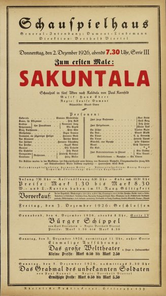 Theaterzettel Premie "Sakuntala" von Paul Kornfeld am 2. Dezember 1926 im Schauspielhaus Düssel ...