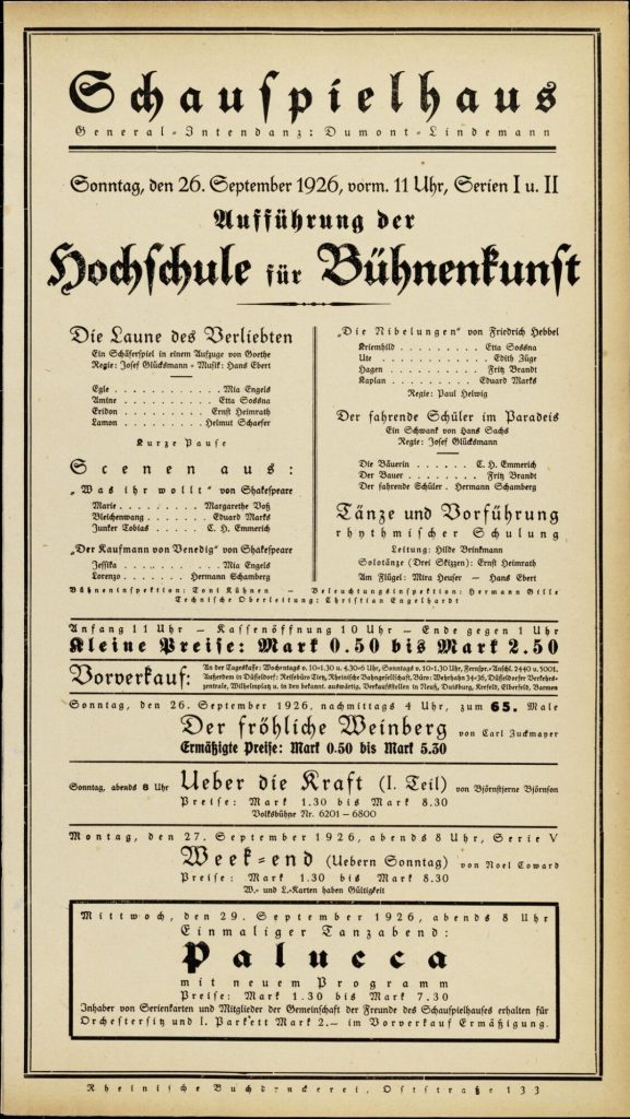 Theaterzettel Aufführung der Hochschule für Bühnenkunst im Schauspielhaus Düsseldorf, 26. Septe ...