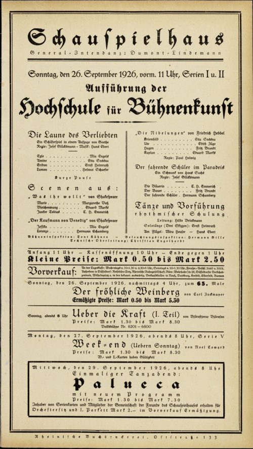 Theaterzettel Aufführung der Hochschule für Bühnenkunst im Schauspielhaus Düsseldorf, 26. Septe ...