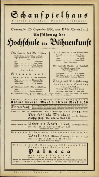 Theaterzettel Aufführung der Hochschule für Bühnenkunst im Schauspielhaus Düsseldorf, 26. Septe ...