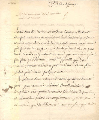 Brief von Francois Marie Arout Voltaire an den Marquis de Chauvelin, Seite 1