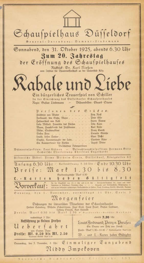 Theaterzettel Kabale und Liebe von Friedrich Schiller. Wiederaufnahme am 31.10.1925 im Schauspi ...
