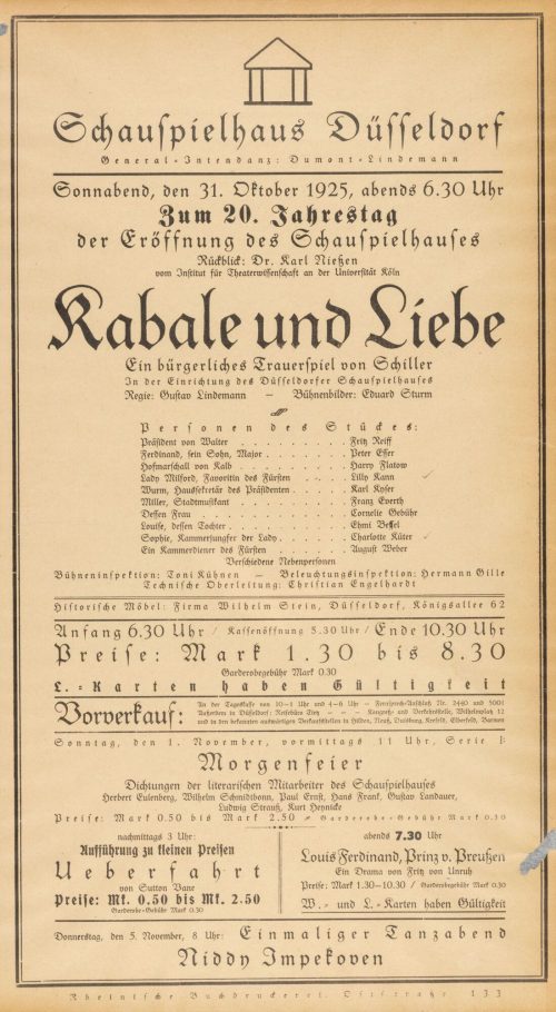 Theaterzettel Kabale und Liebe von Friedrich Schiller. Wiederaufnahme am 31.10.1925 im Schauspi ...