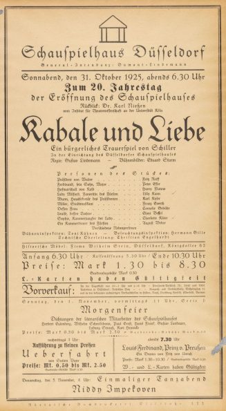 Theaterzettel Kabale und Liebe von Friedrich Schiller. Wiederaufnahme am 31.10.1925 im Schauspi ...
