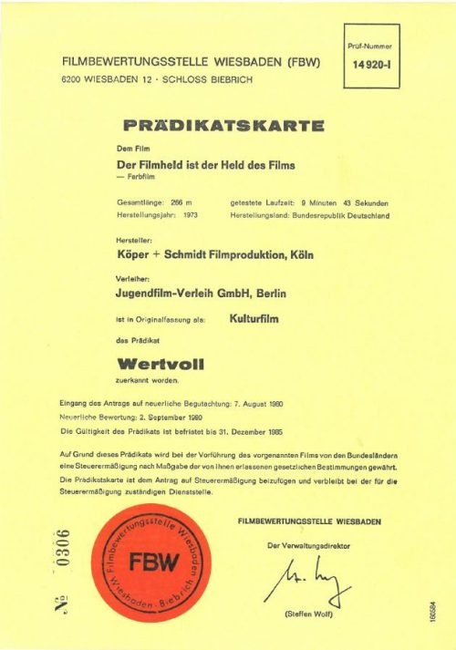 Prädikatskarte der Filmbewertungsstelle zum Film