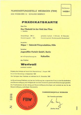 Prädikatskarte der Filmbewertungsstelle zum Film