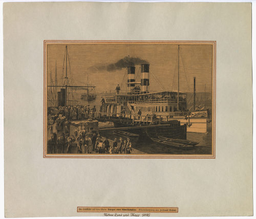 Ferdinand Lindner (Zeichner*in), Die Schiffahrt auf dem Rhein: Anlegen eines Schnelldampfers., 1885