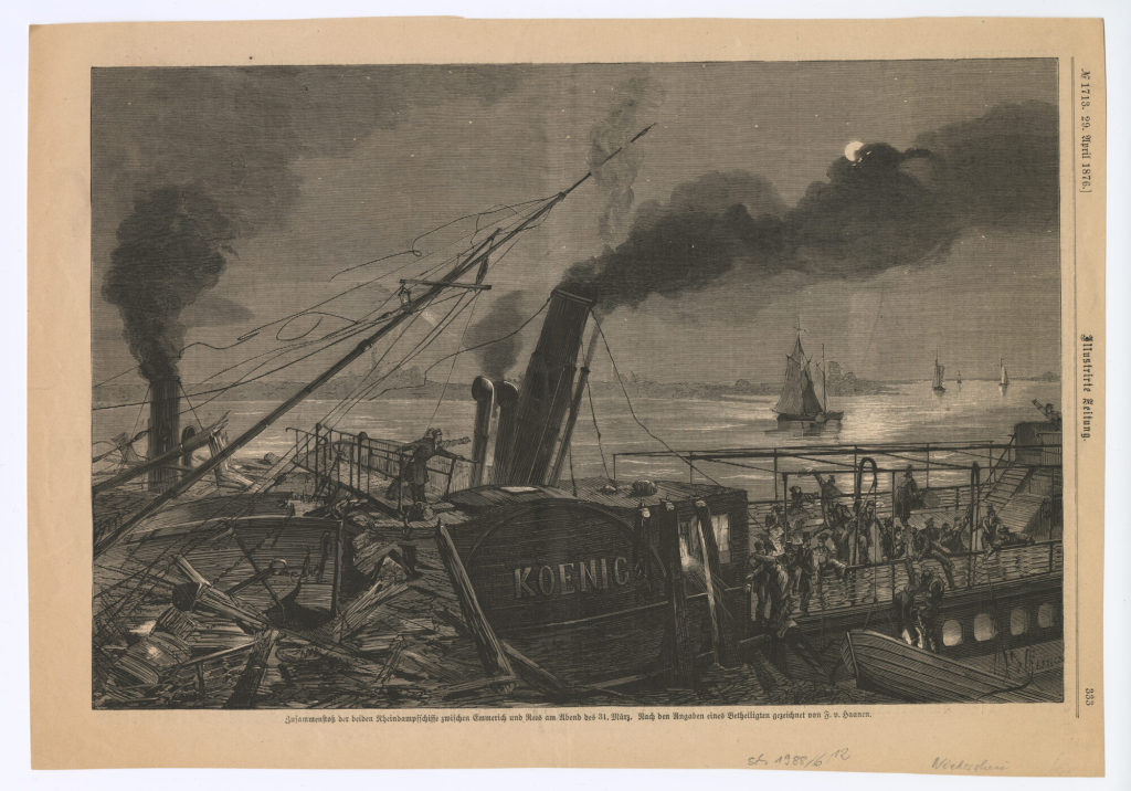 Zusammenstoß der beiden Rheindampfschiffe zwischen Emmerich und Rees am Abend des 31. März. [...]