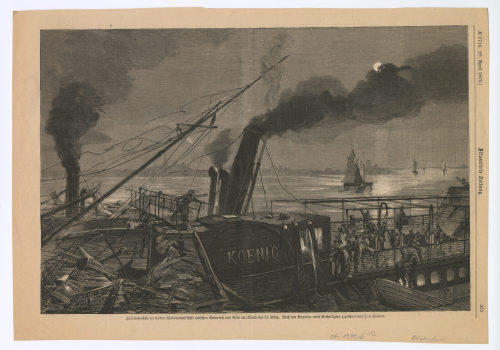 F. van Haanen (Künstler*in), Zusammenstoß der beiden Rheindampfschiffe zwischen Emmerich und Rees am Abend des 31. März. [...], 1876