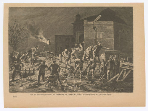 Ferdinand Lindner (Künstler*in), Von der Rheinüberschwemmung: Die Aufführung des Dammes bei Mainz., 1882/1883