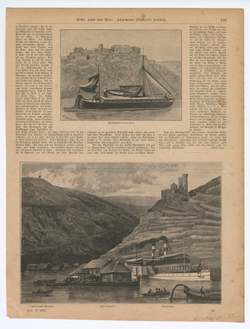 F. Lindner (Künstler*in), Schwimmende Eisenbahn. Rheinschiffmühle. Riesendampfer., n.d.