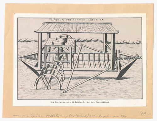 Unbekannt (Künstler*in), Schiffsmühle aus dem 16. Jahrhundert mit zwei Wasserrädern, n.d.