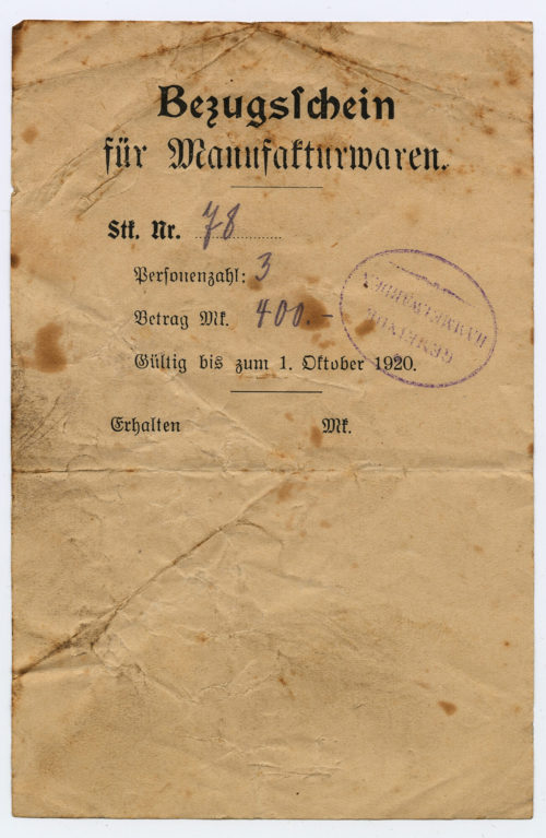Gemeinde Hammelwarden (Beteiligte Institution), Bezugsschein für Manufakturwaren. Stk. Nr. 78, 1920