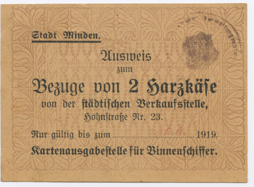 Stadt Minden (Beteiligte Institution), Stadt Minden. Ausweis zum Bezuge von 2 Harzkäse von der städtischen Verkaufstelle, Hohnstraße Nr. 23., 20.09.1919