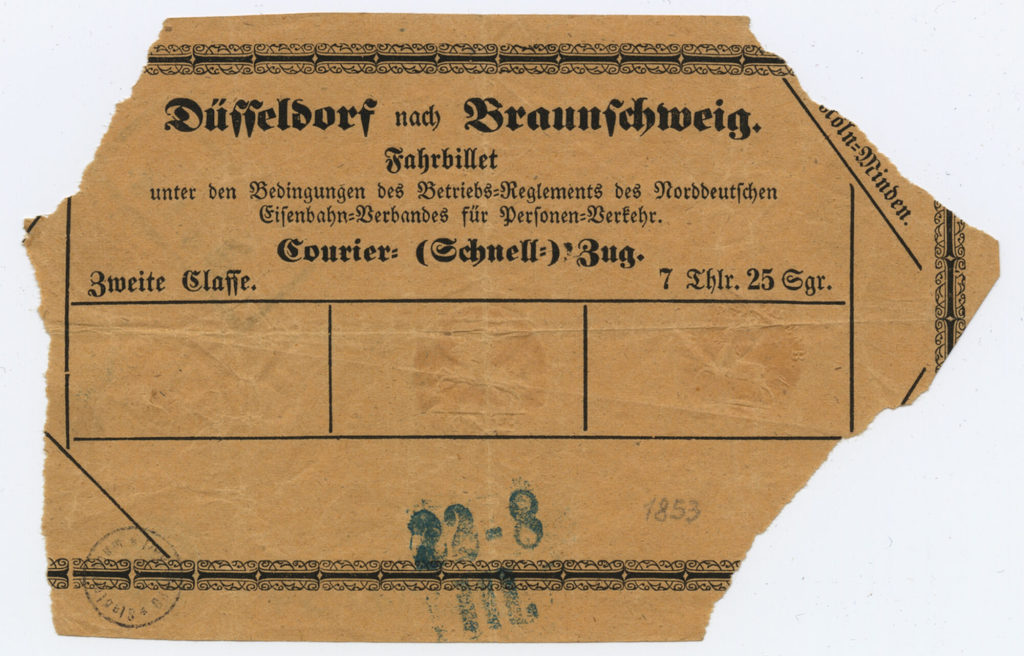 Düsseldorf nach Braunschweig. Fahrbillet unter den Bedingungen des Betriebs-Reglements des Norddeutschen Eisenbahn-Verbandes für Personen-Verkehr. Courier: (Schnell:) Zug.