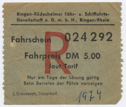 Bingen-Rüdesheimer Fähr- u. Schiffahrts-Gesellschaft e. G. m. b. H. (Beteiligte Institution), Fahrschein Bingen-Rüdesheimer Fähr- u. Schiffahrts-Gesellschaft e. G. m. b. H., Bingen/Rhein, 1974