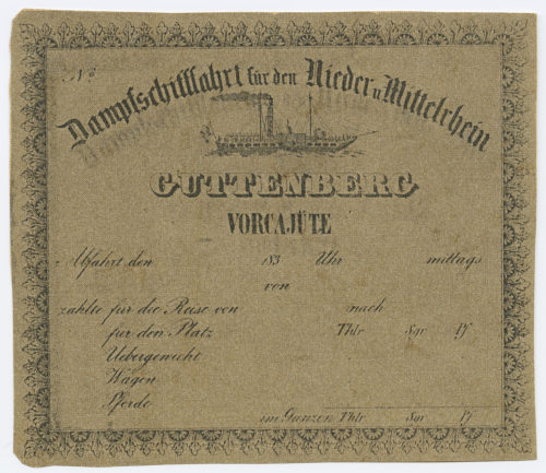 Dampfschifffahrtsgesellschaft für den Nieder- und Mittelrhein (Beteiligte Institution), Dampfschifffahrt für den Nieder u Mittelrhein. GUTTENBERG. VORCAJÜTE, 1837 (?)