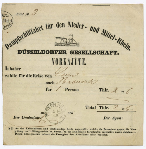 Dampfschifffahrtsgesellschaft für den Nieder- und Mittelrhein (Beteiligte Institution), Billet No 3, 05.11.1850