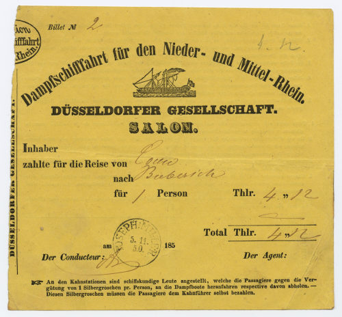 Dampfschifffahrtsgesellschaft für den Nieder- und Mittelrhein (Beteiligte Institution), Billet No 2, 05.11.1850