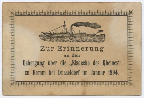 Unbekannt (Hersteller*in), Zur Erinnerung an den Uebergang über die "Eisdecke des Rheins" zu Hamm bei Düsseldorf im Januar 1894., 1894