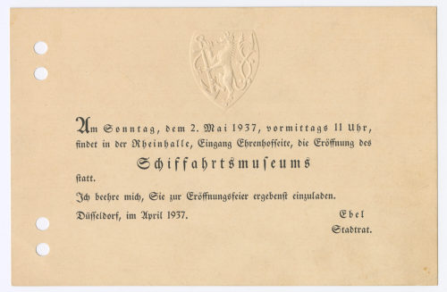 Horst Ebel (Absender*in), Eintrittskarte zur Ausstellungseröffnung “Schiffahrtsmuseum”, 1937