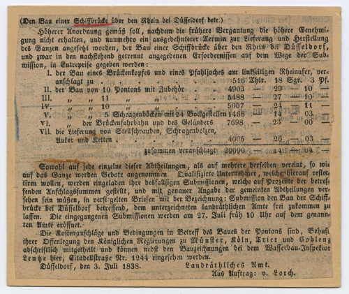 Unbekannt (Hersteller*in), Den Bau einer Schiffbrücke über den Rhein bei Düsseldorf betr., 03.07.1838