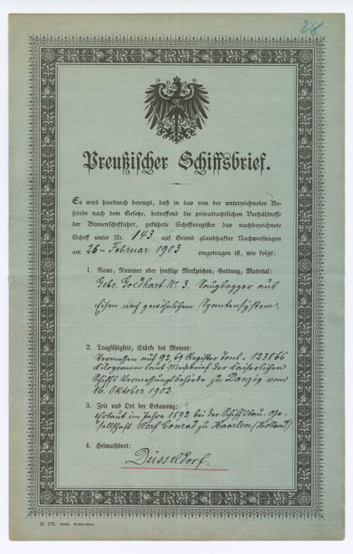 Amtsgericht <Düsseldorf> (Beteiligte Institution), Preußischer Schiffsbrief., 1903