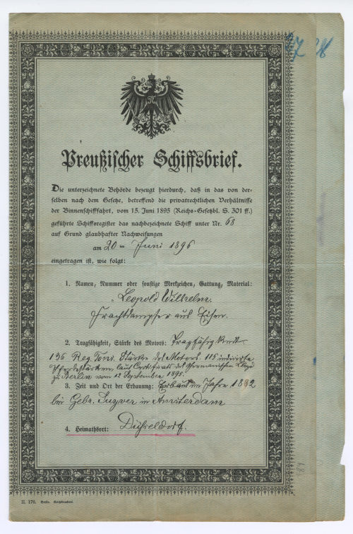Amtsgericht <Düsseldorf> (Beteiligte Institution), Preußischer Schiffsbrief., 1896-1906