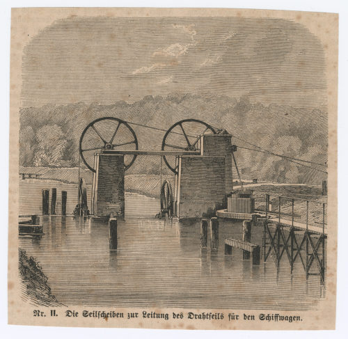 Unbekannt (Künstler*in), Die Seilscheiben zur Leitung des Drahtseils für den Schiffwagen., um 1900