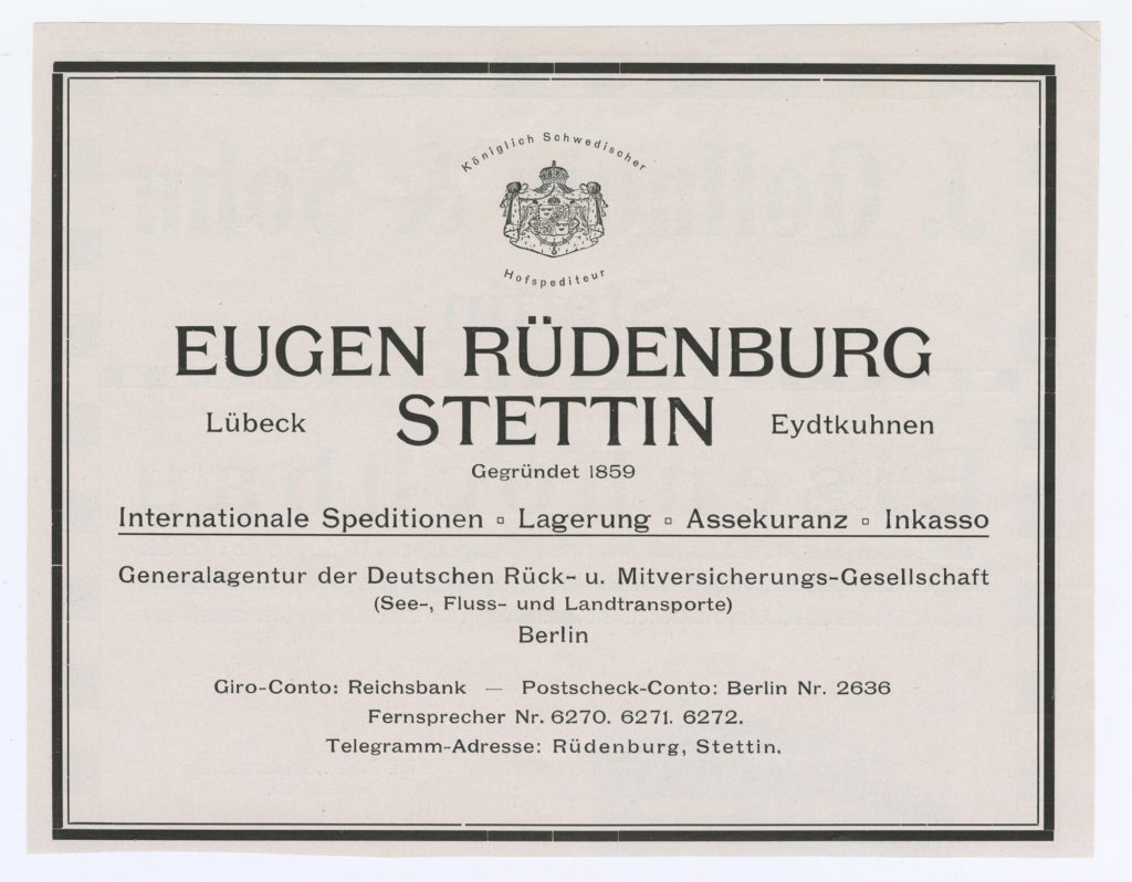 Reklameblatt: "EUGEN RÜDENBURG STETTIN"