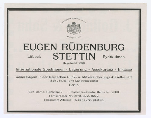 Eugen Rüdenburg Stettin (Beteiligte Institution), Reklameblatt: "EUGEN RÜDENBURG STETTIN", Anfang des 20. Jahrhunderts