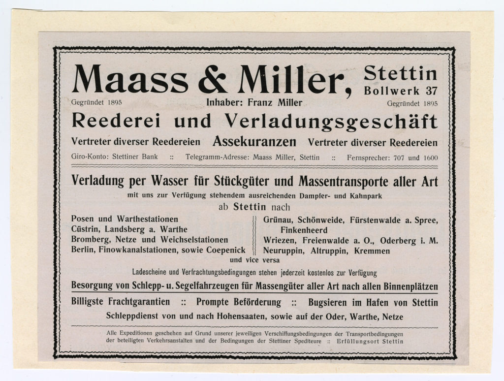 Reklameblatt: "Maass & Miller, Stettin"