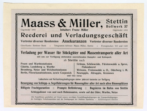 Maass & Miller, Stettin (Beteiligte Institution), Reklameblatt: "Maass & Miller, Stettin", Anfang des 20. Jahrhunderts