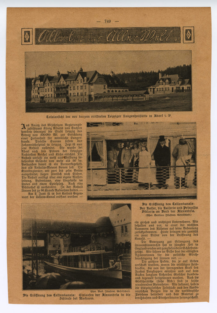 Zeitschriftenseite mit vier Abbildungen: "Die Eröffnung des Teltow-Kanals"