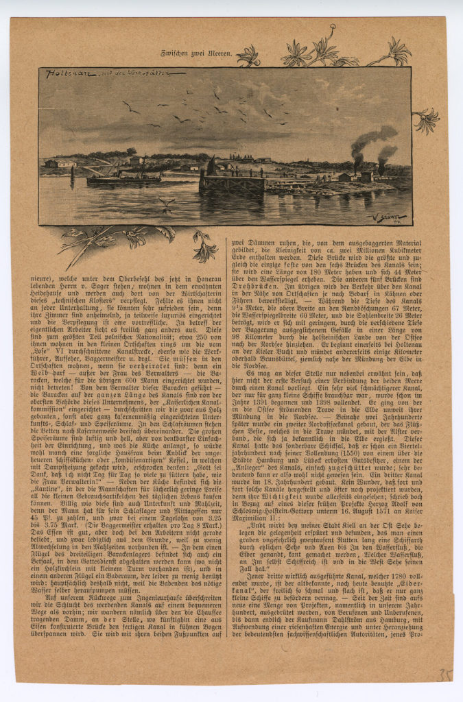Zeitungsseite mit zwei Abbildungen: "Holtenau mit den Werkstätten", "Excavator bei der Arbeit. Das Arbeitsfeld bei Nacht"