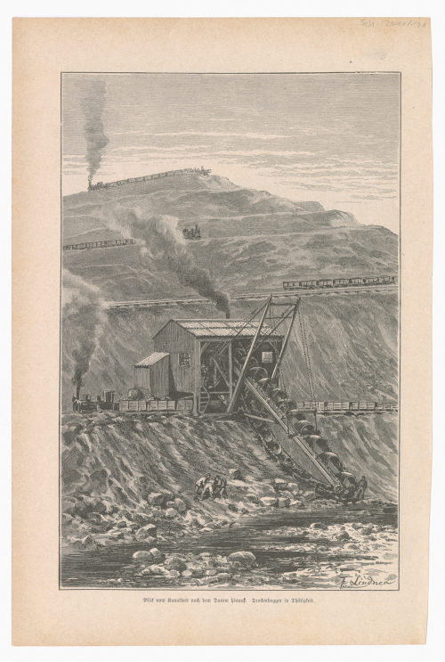 F. Lindner (Künstler*in), Blick vom Kanalbett nach dem Damm hinauf. Trickenbagger in Thätigkeit., 19. Jahrhundert