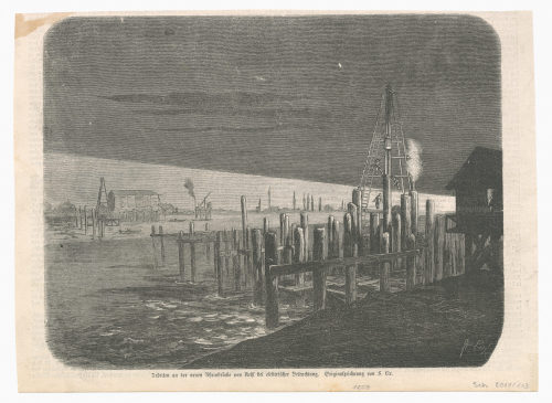 F. Lix (Absender*in), Arbeiten an der neuen Rheinbrücke von Kehl bei elektrischer Beleuchtung., 1859