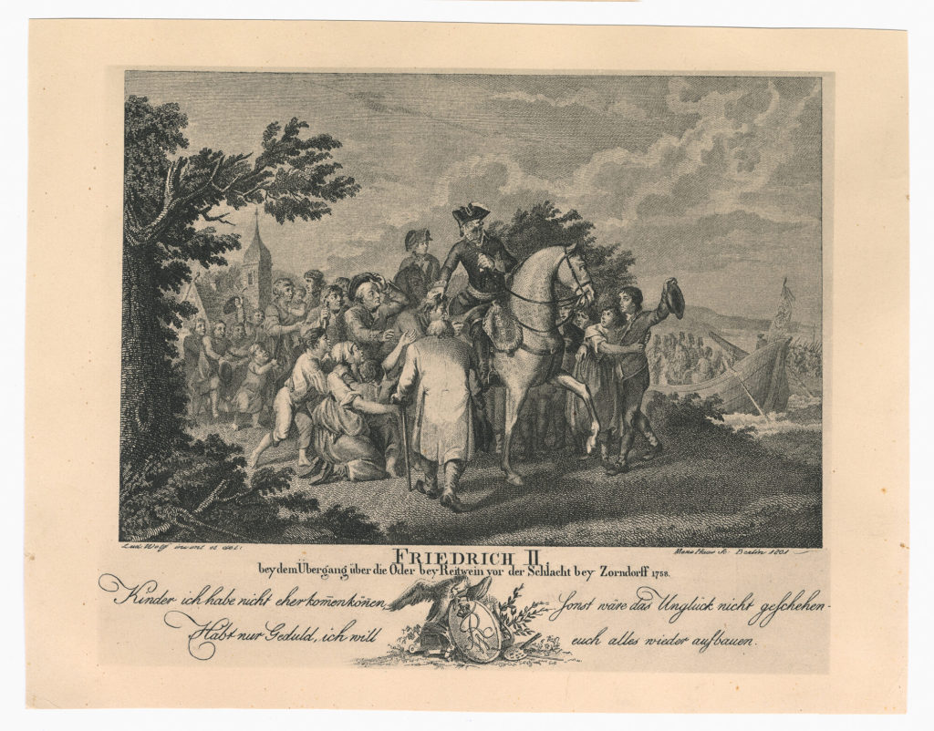 Friedrich II. bey dem Übergang über die Oder bey Reitwein vor der Schlacht bey Zorndorff 1758.